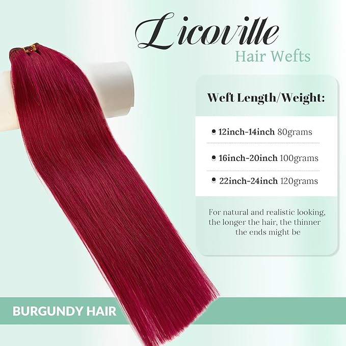 Burgundy Red Real Human Hair Weft Extensions Sew in 20 Inch 100G Hair Wefts Hand Tied Human Hair Extensions, Full Straight Burgundy Red Wine Sew in Weft Hair Extensions Human Hair Weave Bundles