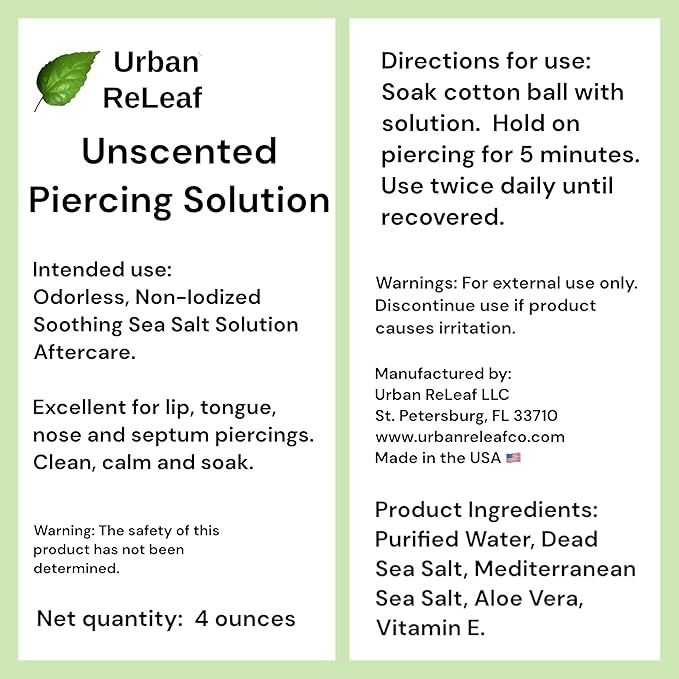 Urban ReLeaf Unscented Piercing Solution ! Non-Iodized Sea Salt Healing Soak. Lip, Tongue, Septum, Dimple, Mouth. NO Scent. Ready to use. Made Fresh in USA. Soothe & Calm.