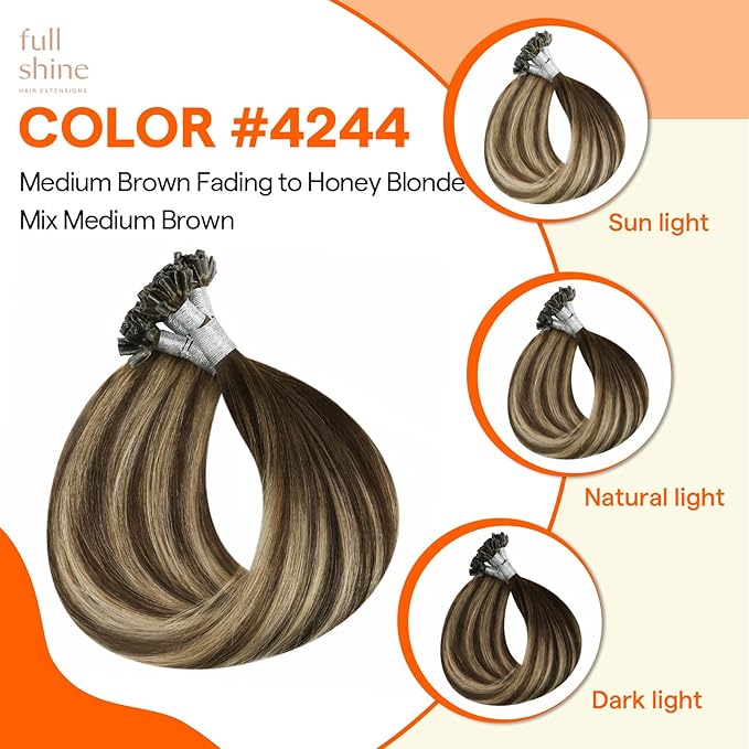 Full Shine U Tip Hair Extensions Human Hair Medium Brown Ombre to Brown and Honey Blonde 14 Inch Remy Hair Prebonded Fusion Extensions 40 Grams Ktip Human Hair Extensions
