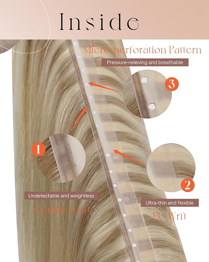 Sunny Hair Weft Hair Extensions Real Human Hair with Hole 24 Inch PU Weft Hair Extensions Double Layered Golden Blonde Highlight Dirty Blonde Long Straight Human Hair for Women 100G