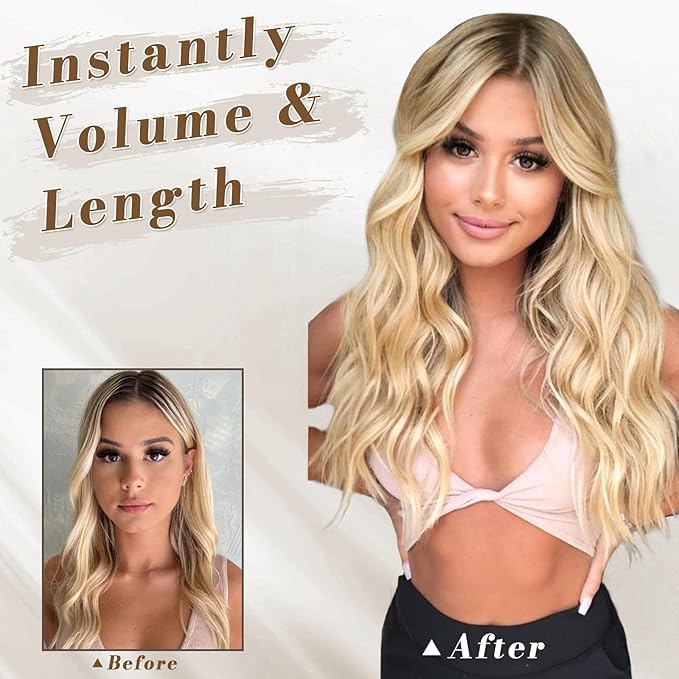 BARSDAR Wavy Clip in Hair Extensions - 20 Inch Golden Blonde Highlight Clip in Hair Extensions for Women - 5PCs Thick Soft Synthetic Loose Wavy Hairpieces – Golden Blonde with Highlights
