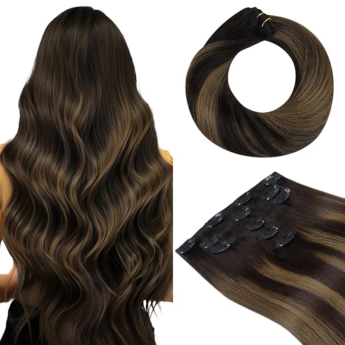 HOTBANANA Clip in Hair Extensions Real Human Hair, 5Pcs 60g 14 Inch Balayage Dark Brown Mixed Chestnut Brown Straight Remy Clip in Extensions