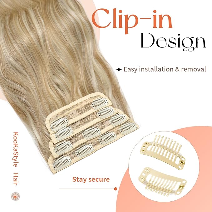 Kookastyle Clip in Hair Extensions, Natural Long Layered Soft Invisible Synthetic Curly Hairpieces for Women,4 pcs(20 Inch,Beach Blonde)
