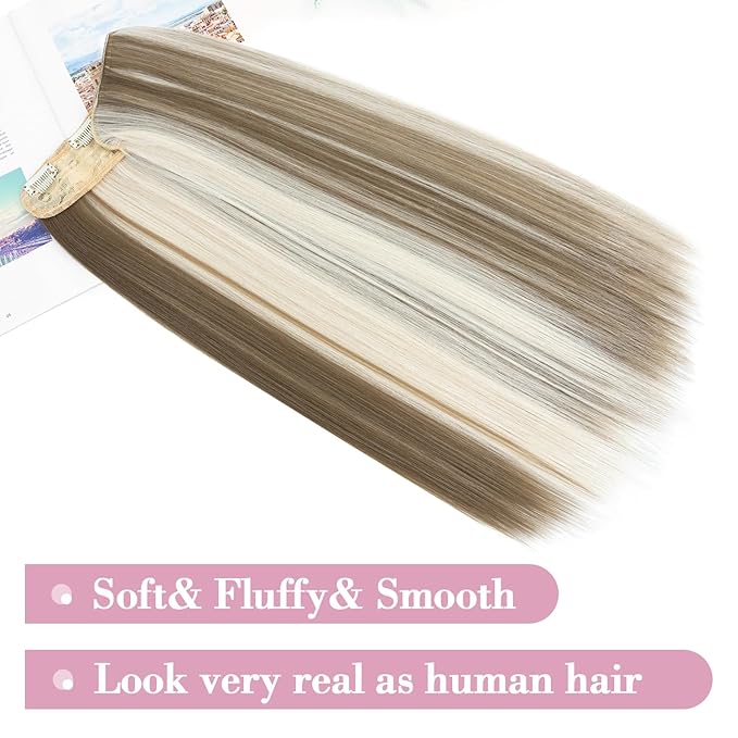 S-noilite One Piece Clip in Hair Extensions Balayage 18 Inch U-Shaped One Piece Weft Hair Extensions with 5 Clips Synthetic 3/4 Full Head Long Straight Clip in Hairpieces for Women,#620P60L