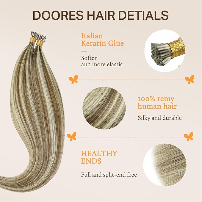 DOORES I Tip Hair Extensions Human Hair,14 Inch 100g 200s Itip Human Hair Extensions,Light Brown Highlighted Medium Blonde I Tip Hair Extensions,Virgin Human Hair Extensions