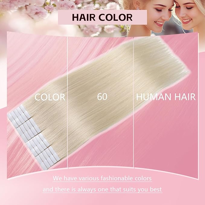 Invisible Tape in Hair Extensions Real Human Hair 3rd-Generation #60 Platinum Blonde 20pcs 30g 14inch Seamless Injected Hand-Tied Quality Invisi Edge Tape ins Extensions（#60a-14inch）