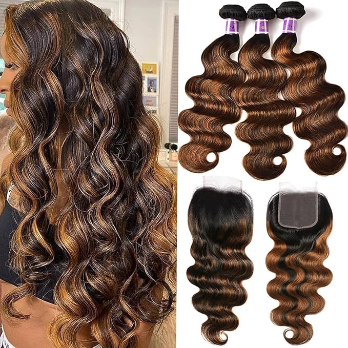 UNICE Brown Highlight Body Wave Human Hair 3 Bundles with 4x4 Lace Closure, FB30 Color 18 20 20+16 Closure, Brazilian Remy Hair Ombre Wavy Weaves