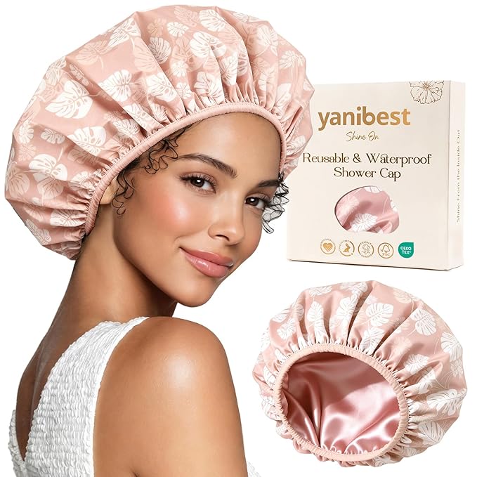 Yanibest Shower Cap for Women - Hair Satin Bonnet Shower Cap for Women Waterproof Extra Large Double Layer Reusable Adjustable for Braids Long Hair