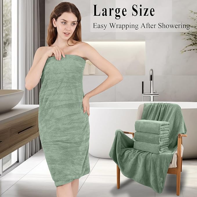 Green Bath Towel Set of 4, 35x70 Inches Oversized Bath Towels Extra Large Microfiber Shower Towels Textured Ultra Soft Absorbent Quick Dry Towel Bath Sheets for Adults Bathroom Hotel Spa