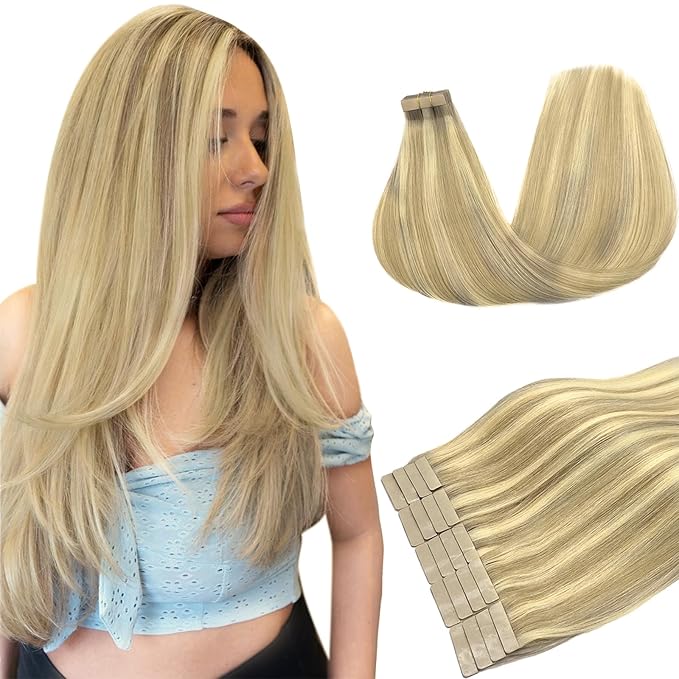DOORES Tape in Hair Extensions - Light Blonde Highlighted Golden Blonde, 12 Inch, 40g, 20pcs, Human Remy Straight Hair