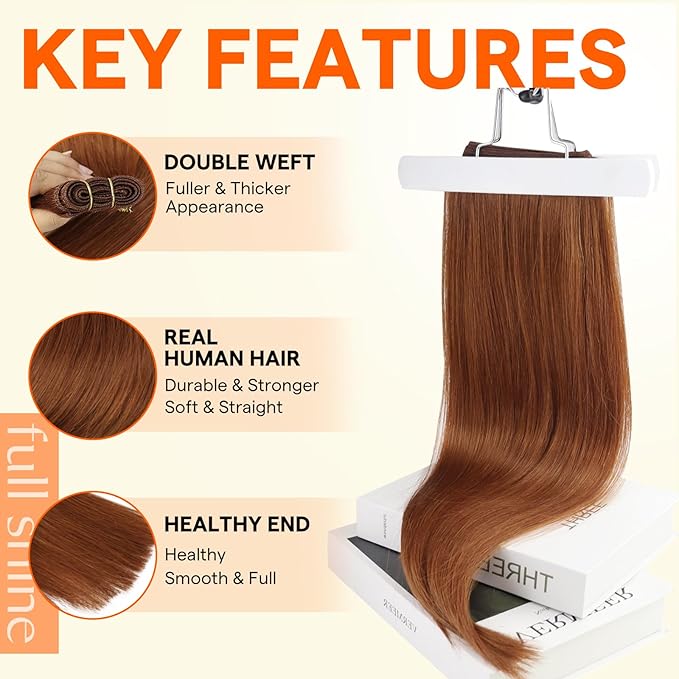 Full Shine Weft Hair Extensions Human Hair Color Copper Hair Extensions Sew In #550 Sew In Hair Extensions Real Human Hair Remy Straight Hair Wef Human Hair Bundles Double Weft 105G 20 Inch