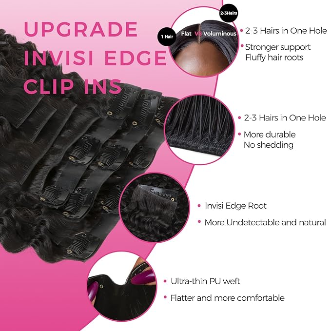 Lashey Invisi Edge Seamless Clip in Hair Extensions Human Hair 110g 7pcs Natural Black Kinky Curly Injected Virgin Human Hair Clip in Extensions 16 Inch