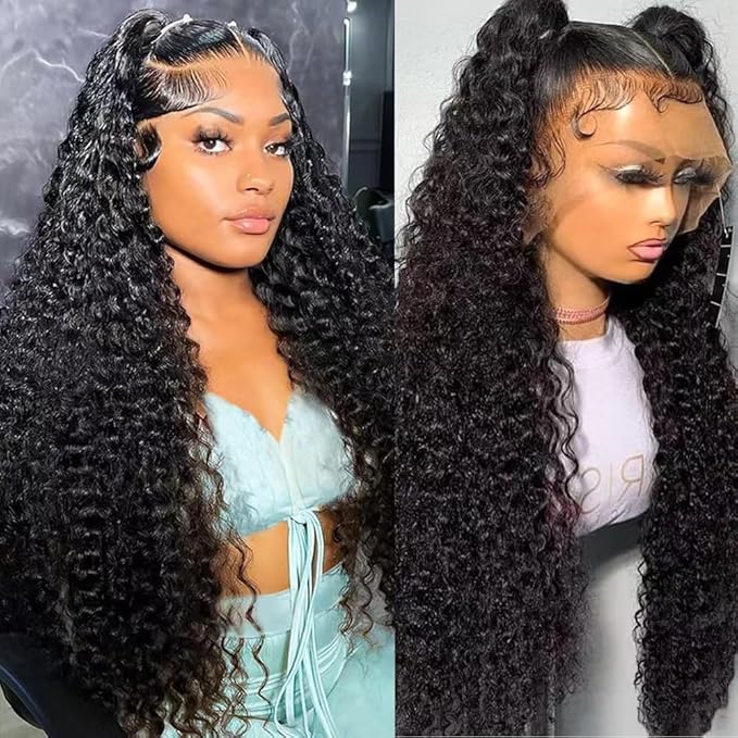 24 Inch 13x6 Lace Front Wigs Human Hair Water Wave 200 Density 13x6 HD Full Lace Frontal Wigs Pre Plucked Wet and Wavy Glueless Deep Curly Human Hair Wigs for Women Natural Black