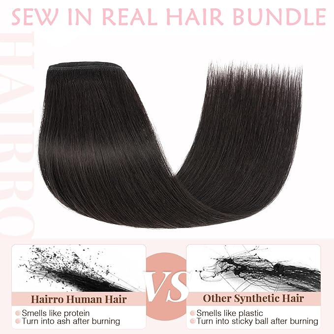 Hairro Sew in Human Hair Extensions Real Hair, 100g/bundle Weave Weft for Women Adding Volume and Length, for DIY Beauty Dating Party, 22 Inch One Bundle Straight Off Black