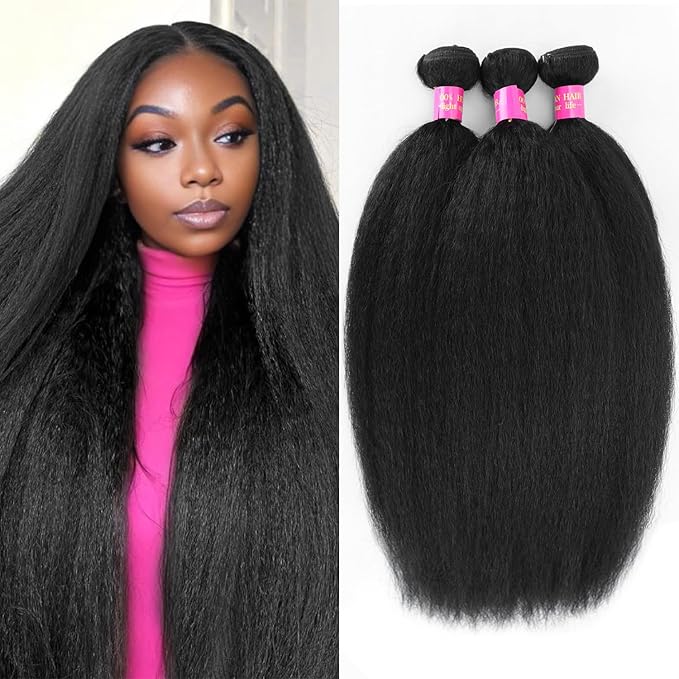 18 20 22 Inch Kinky Straight Bundles Yaki Straight Human Hair Bundles Full and Thick 3 Bundles Sew in Kinky Straight Human Hair For Black Women Natural Black Color
