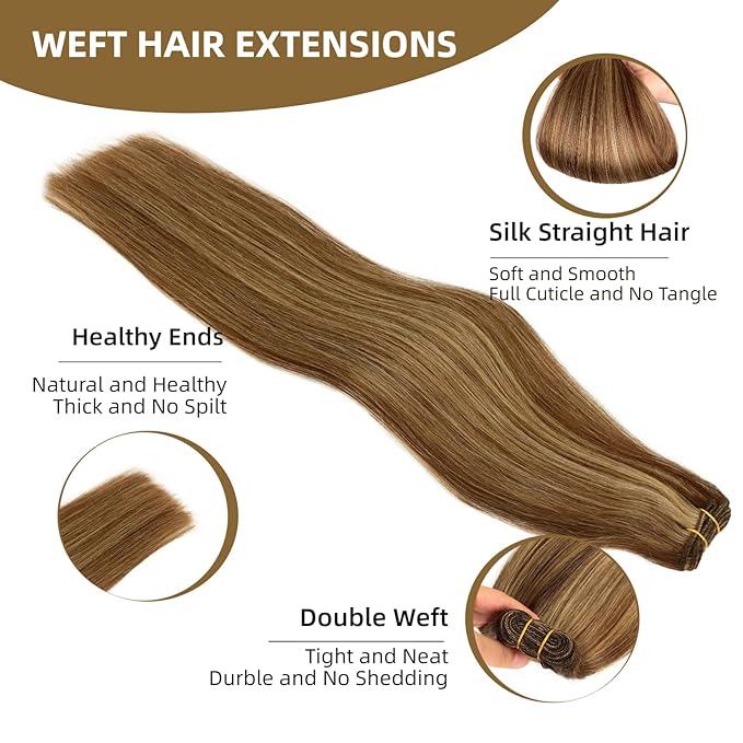 Sew in Hair Extensions Real Human Hair, 110g 24 inch Medium Brown Highlight Honey Blonde Weft Hair Extensions Remy Straight Weave Bundles
