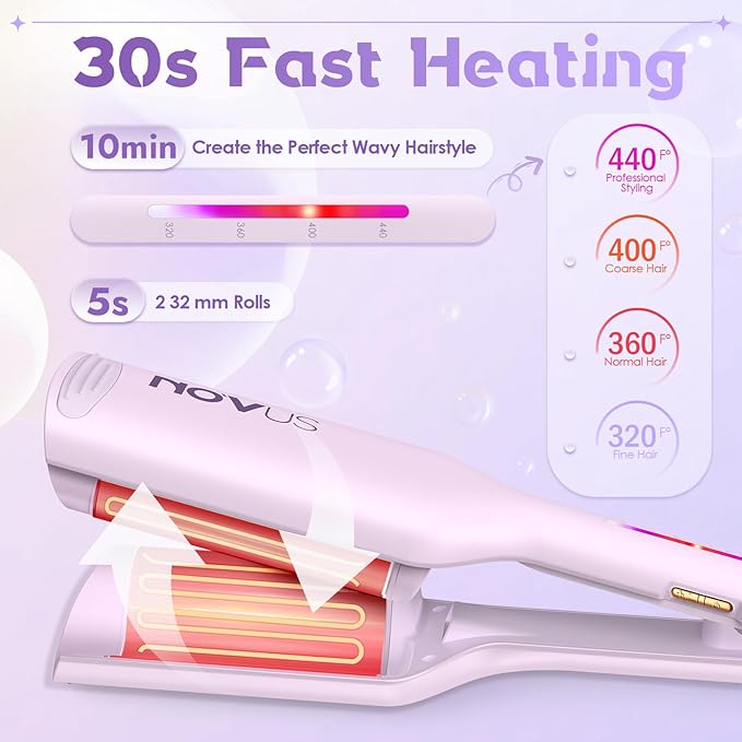 NOVUS Curling Iron Hair Crimper Waver - 1.25 Inch Anti-Scald Waves Curling Wand, Ionic Deep Waver Hair Curler Tool with Ceramic 2 Barrel for All Hair Types, Auto Shutdown Protection