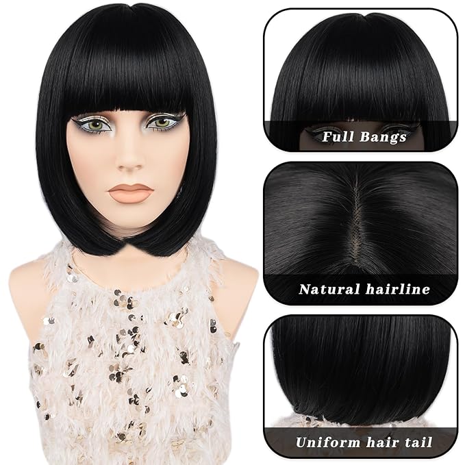 MAYSA Black Bob Wigs with Flat Bangs for Women Short Straight Black Wig Includ Wig Cap Synthetic Daily Party Natural Looking Wigs 12Inch #1B ﻿