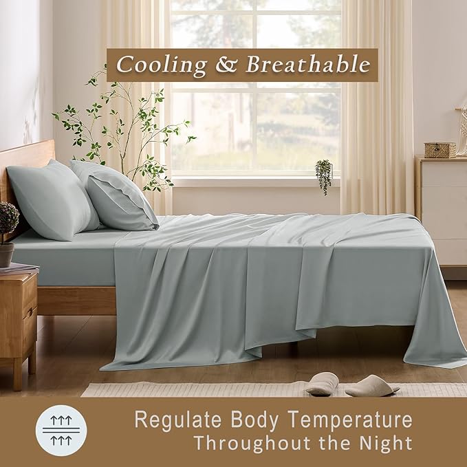 TOSMO Luxury Cooling Sheet Set - 100% Viscose from Bamboo, 3-Piece Bedding Set (Twin Size) - 18” Extra Deep Pockets, Oeko-Tex Certified, Silky Soft and Breathable, Sliver