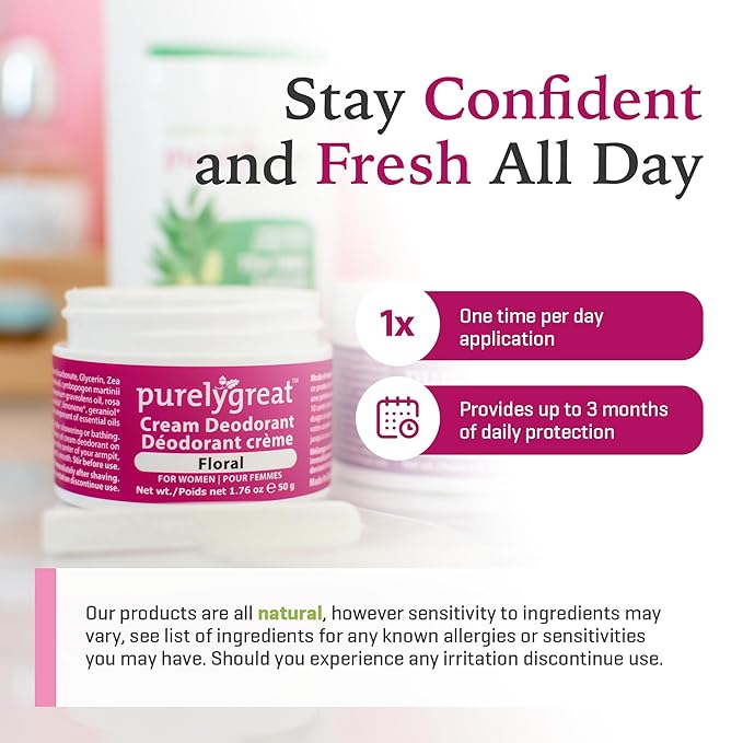 Purelygreat - Floral Scent Cream Deodorant, Chemical-Free Hygiene Essentials for Women, Natural Deodorant for Men with Soda & Corn Starch, No Sticky Residue, Parabens & BPA, 1.76 oz / 50 g