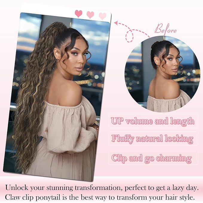 ENBEAUTIFUL 30" Claw Clip Ponytail Extension Long Wavy Ponytail Extension Synthetic Pony Tails Hair Extensions Clip in Hair pieces for Women