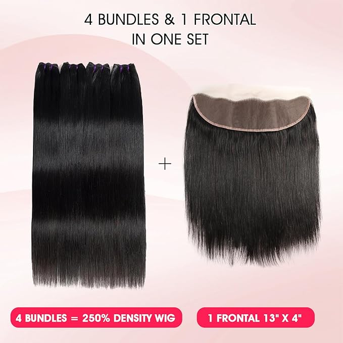 Human Hair Bundles with Frontal Closure (22 24 26 28+20,Free Part), 4 Bundles Human Hair with 13x4 HD Lace Frontal,16A 100% Virgin Brazilian Straight Hair Extensions Double Weft