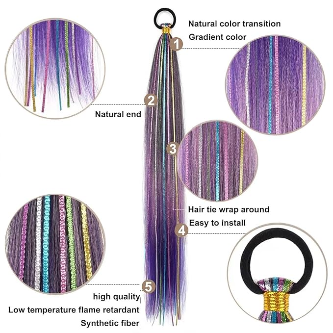 2 Pack Braid Ponytail Extensions, 26 Inch Braided Ponytail Wig with Elastic Tie for Girls (Black/Pink/Purple#, 26 Inch (Pack of 2))