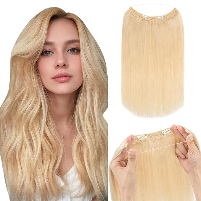 Hairro Wire Hair Extensions Human Hair, Fish Line Invisible Adjustable & Clips in Extensions Straight, 100% Real Hairpieces Seamless Blending for Women, 20 Inch 100g Platinum Blonde