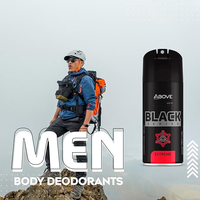 ABOVE Black Series Body Spray, Extreme, 4 pcs - Deodorant Spray - Woody Fragrance - Masks Perspiration Odors - Long-Lasting Dry Spray - Cruelty-Free