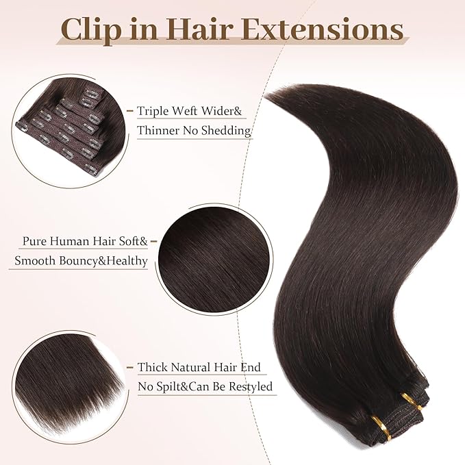 Sisily Clip in Hair Extensions Real Human Hair, Premium Human Hair Clip in Extensions Dark Brown, Soft Straight Hair Extensions Real Human Hair Clip ins 7PCS Double Weft（20 Inch #2）