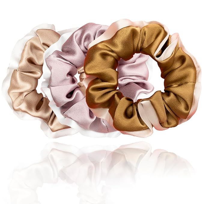 Silmer Silk Scrunchies for Hair 100% Mulberry 3 Pack(Pale Mauve, Apricot,Champaign Gold)