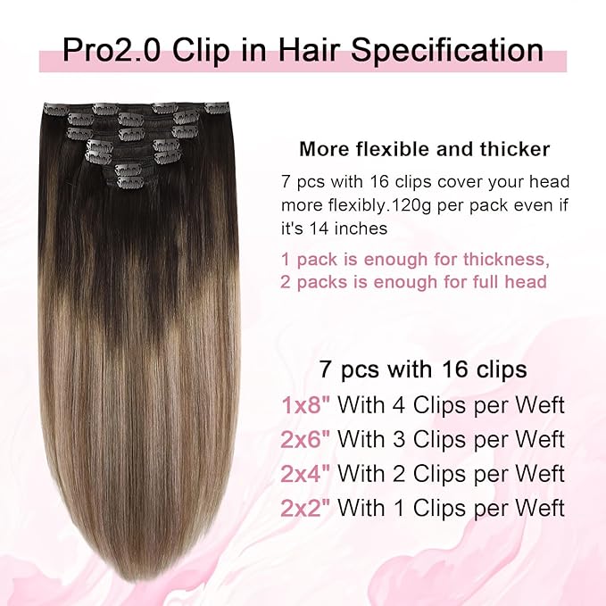 Pro2.0 Clip in Hair Extensions Real Human Hair 120g Thick 7pcs Color #2/6/18 Dark Brown to Dirty Blonde Remy Real Human Hair Extensions Clip ins 14inch Double Weft（#2/6/18-14inch）