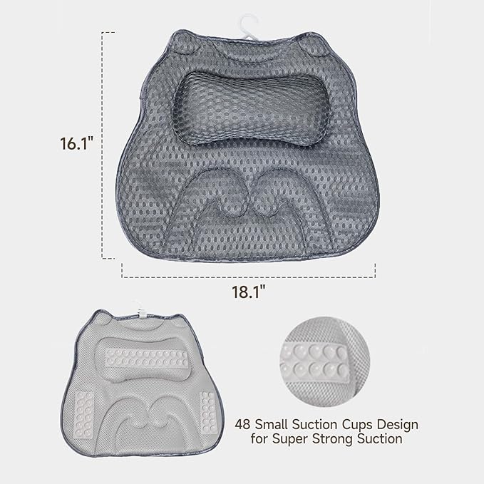 Bath Pillow with 48 Strong Suction Cups - 4D Air Mesh Bathtub Pillow for Neck, Head, Shoulder & Back Support - Extra Thick, Quick-Drying Spa Pillow with Built-in Hook(Grey)