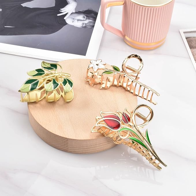3-Piece Floral Metal Hair Accessories: Lily Leaves Tulip Barrettes, Strong Hold Non-Slip Hair Clamps for Thin/Medium Thick Hair