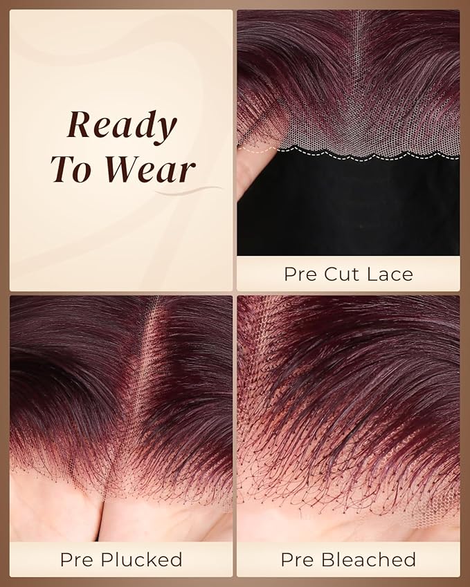 Arabella 6x5 Ready to Go Glueless Wigs Human Hair Purplish 99J Burgundy Lace Front Wigs Real 230% Density Human Hair Pre Cut Lace Pre Plucked Bleached Knots Wig Human hair (18inch, 6x5 Straight Wig)