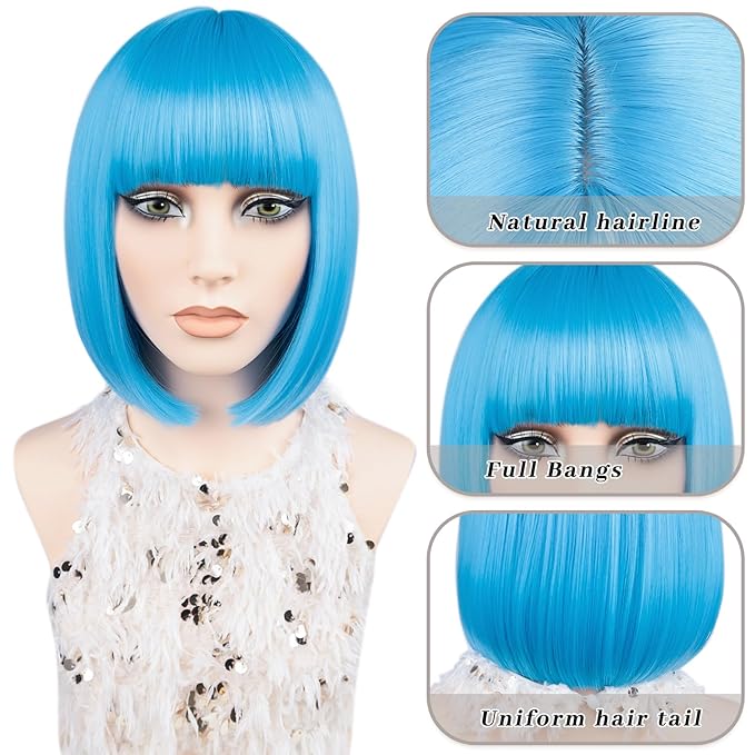 MAYSA Blue Bob Wig With Bangs Short Straight Bob Wigs 12Inch Synthetic Colorful Cosplay Daily Party Neon Wigs for White Women # Light Blue