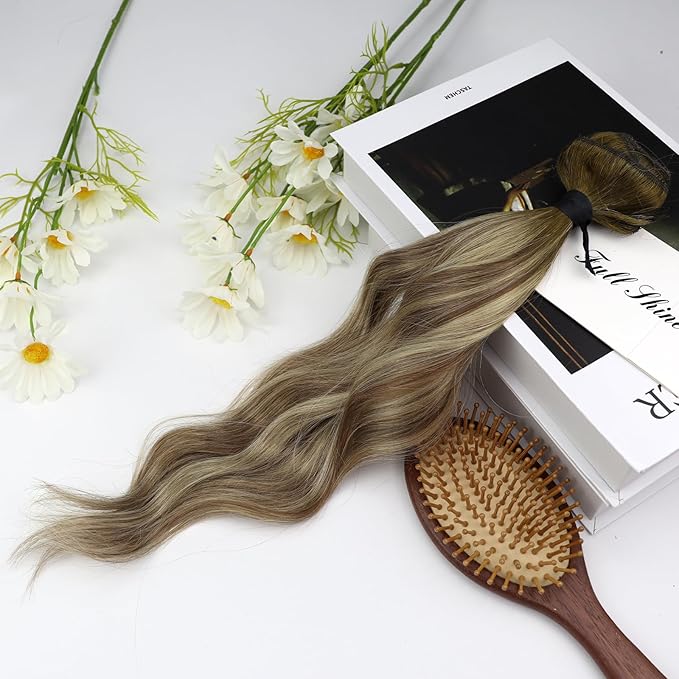 Full Shine Clip in Hair Extensions Balayage Seamless Human Hair Clip in Dark Brown to Ash Brown Mix Medium Blonde Real Hair Extension Lace Weft 16 Inch 3 PCS 60 G