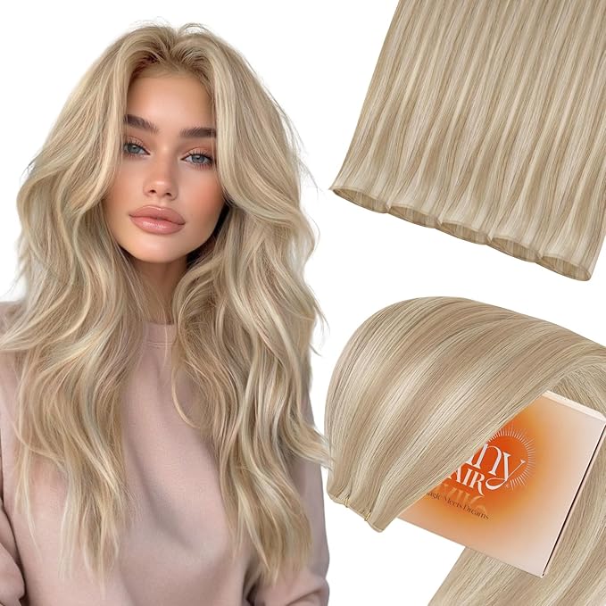 Sunny Hair Genius Weft Hair Extensions Human Hair Blonde Invisible Sew in Hair Extensions Real Human Hair Ash Blonde Highlights Light Blonde Hair Extensions Weft Can be Dyed 14inch