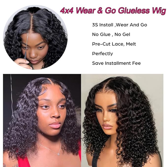 Glueless Wigs Human Hair Pre Plucked Pre Cut Deep Wave Bob Wig Human Hair 4x4 HD Lace Closure Wigs for Beginners 180% Density Natural Color 10 inch