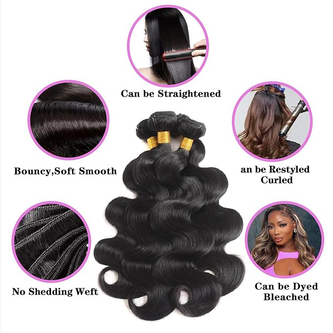 12A Human Hair Bundles 14 16 18 Inch Body Wave Bundles Human Hair 100% Unprocessed Brazilian Virgin Hair Body Wave 3 Bundles Deals Human Hair Extensions Quick Weave For Black Women Natural Black
