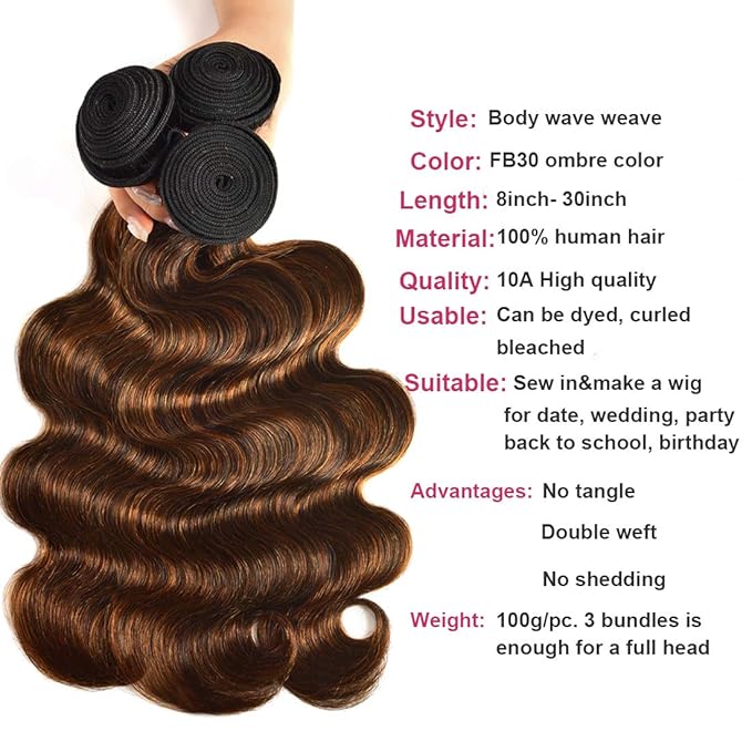 UNICE Brown Highlight Body Wave Human Hair Weave 3 Bundles 22 24 26 inch, Brazilian Remy Hair Ombre Blonde Human Hair Wavy Weaves Sew in Piano Color TFB30