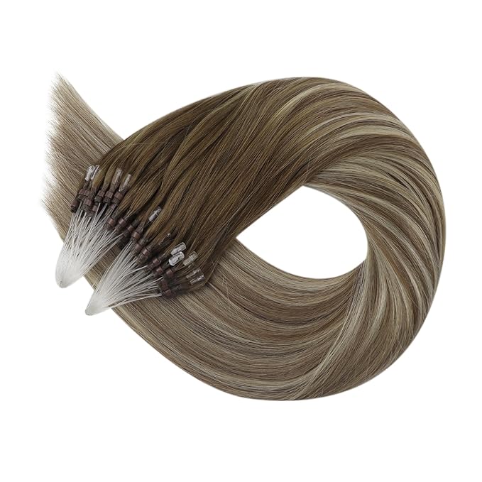 Full Shine Micro Bead Hair Extensions Real Human Hair Color 3 Brown Fading to 8 Ash Brown and 22 Blonde 14 Inch 50G with 7G Micro Beads Microlink Hair Extensions Remy Hair for Women