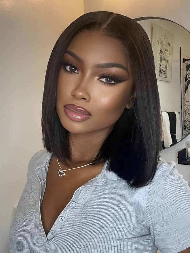 ISEE Hair M Cap 9x6 Bob Wig Human Hair Glueless Wigs Pre Plucked Pre Cut HD Lace Front Glueless Wigs Human Hair 180% Density Short Straight Bob Wigs for Black Women (Yaki Straight, 10 Inch)