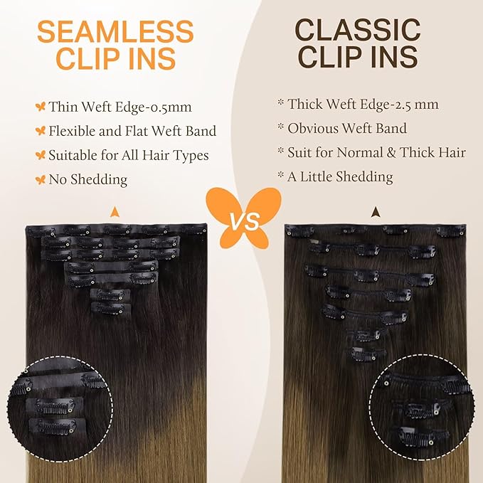 DOORES Seamless Clip in Hair Extensions Real Human Hair, Chocolate Dip Color Melt 18 Inch 7pcs 130g, Human Hair Extensions Remy Hair Seamless Weft Hair Extensions invisible Edge Hair Extensions