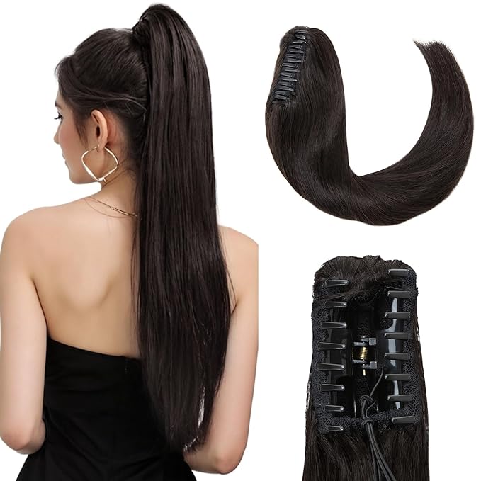 Hairro Claw Clip Ponytail Human Hair Extensions Jaw On Ponytails Remy Long Straight Jaw/Claw Clips Pony Tail Hairpieces For Women 14 Inch 105g 1B Natural Black