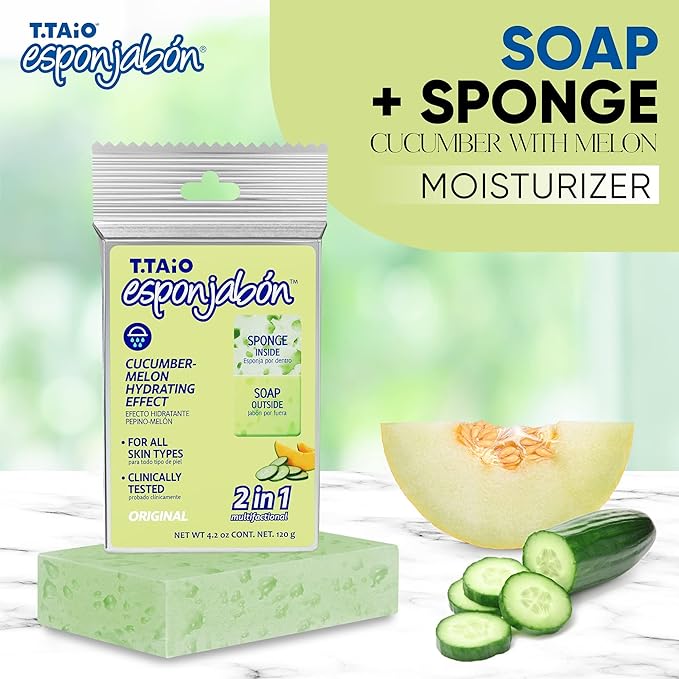 T.Taio Esponjabon Soap Sponge - Cleansing Shower Scrubber - Cleaning Bath Wash Scrub - Oil Removal - Massage & Lather Foot, Elbow, & Face - Bathroom Accessories - Cucumber & Melon Soap
