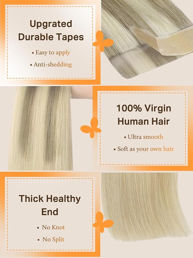 DOORES Hair Extensions Tape in, Balayage Ash Blonde to Golden Blonde and Platinum Blonde 60g 20pcs 26 Inch, Tape in Human Hair Extensions Real Hair Extensions Straight Hair