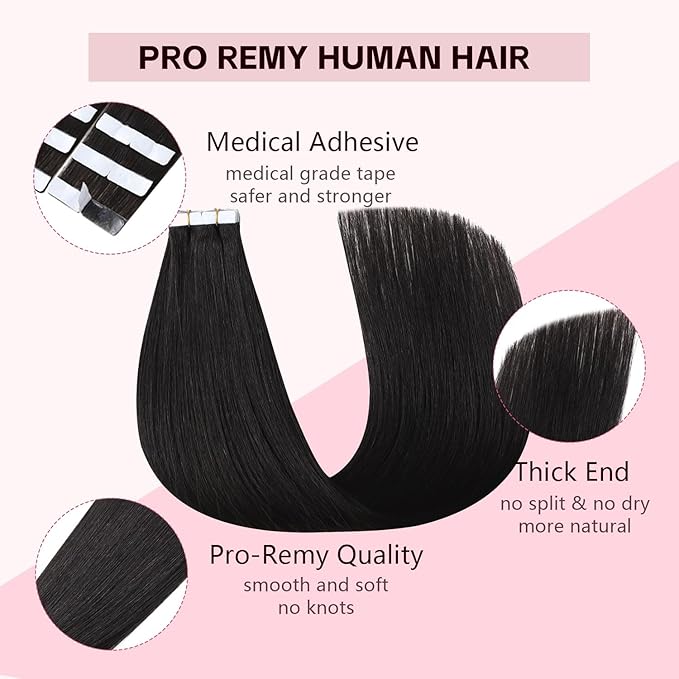 Invisible Tape in Hair Extensions Real Human Hair Pro3.0#1B Natural Black 20pcs 30g 14inch Seamless Injected Hand-Tied Invisi Edge Tape ins Extensions 3rd-Generation（#1B-14inch）