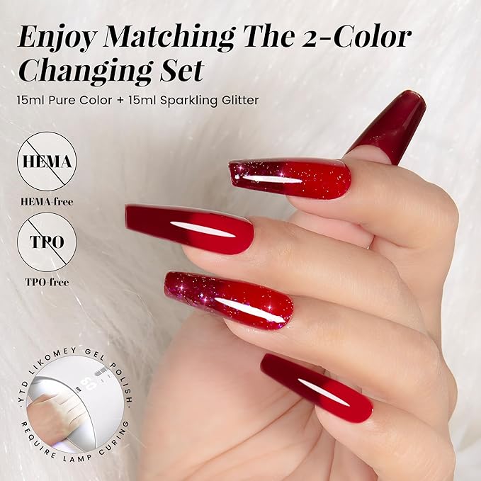 YTD Likomey Color Changing Gel Nail Polish 2 Pcs Set,15ml Red to Burgundy Red Pure Color and Brocade Glitter Kit,Thermal Ombre Change Colors Salon Manicure Fall Winter UV Nail Varnish,WB2-2