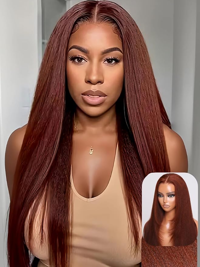 Julia Hair 12A Bye Bye Knots Glueless Wig Reddish Brown Yaki Straight Virgin Human Hair Pre Cut 7x5 HD Lace Front Wigs Invisible Knots Pre Plucked Pre Bleached Auburn Copper Wig 150% Density 26 Inch
